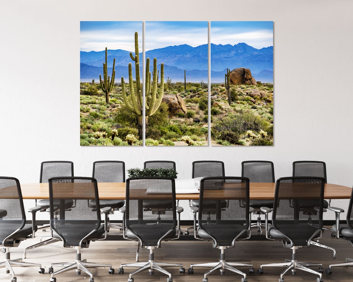 Saguaro Cactus Desert With Blue Mountains Landscape Photo Poster - Image 4
