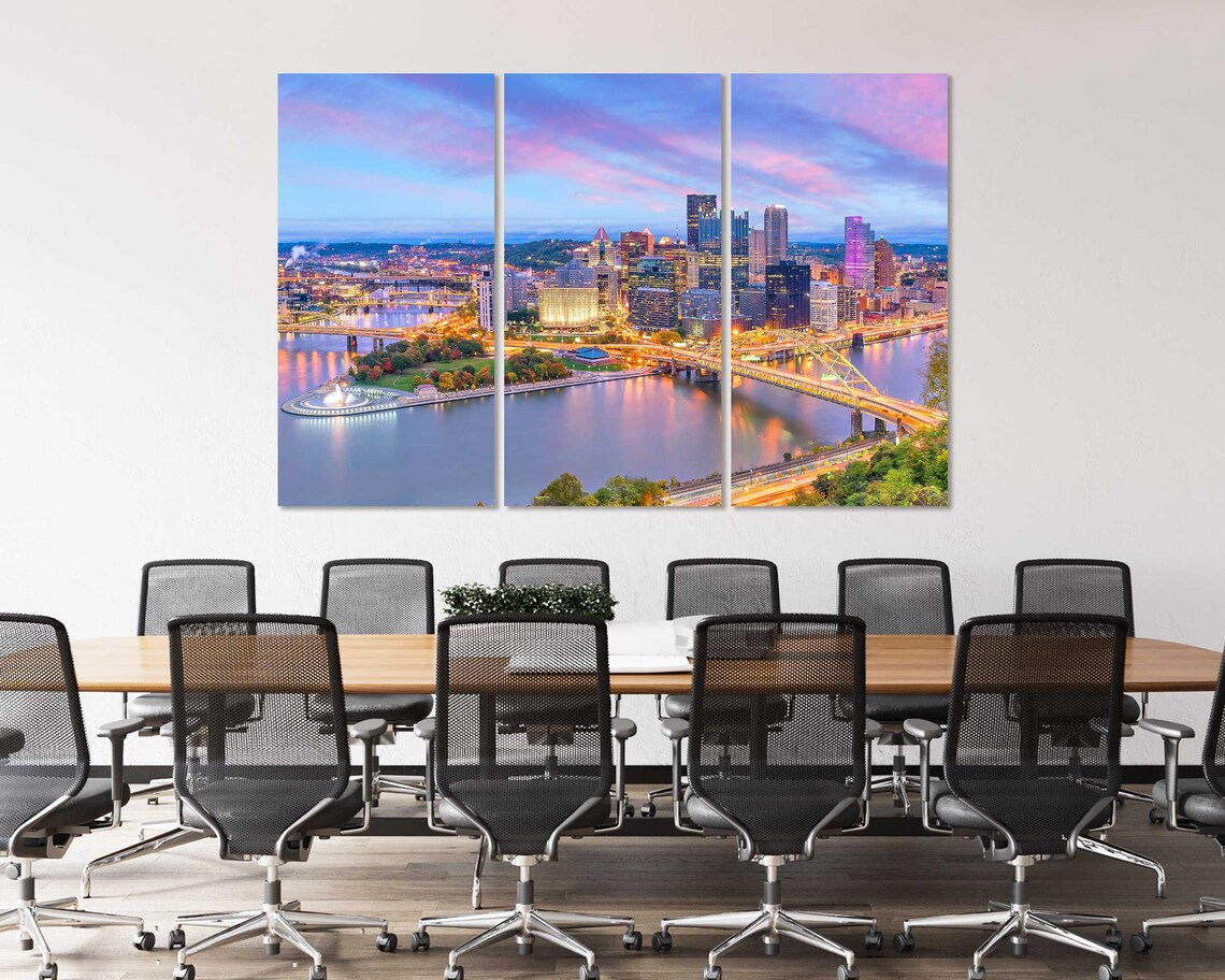 Pittsburgh Skyline Evening Fountain Bridges Golden Dusk City Poster - Image 4