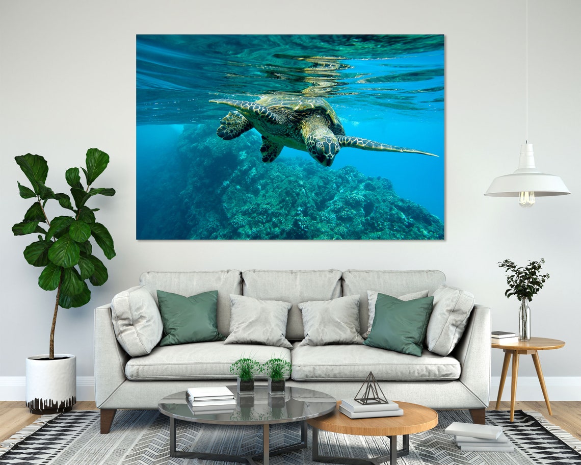 Sea Turtle Underwater Coral Reef Bright Turquoise Ocean Art Poster - Image 8