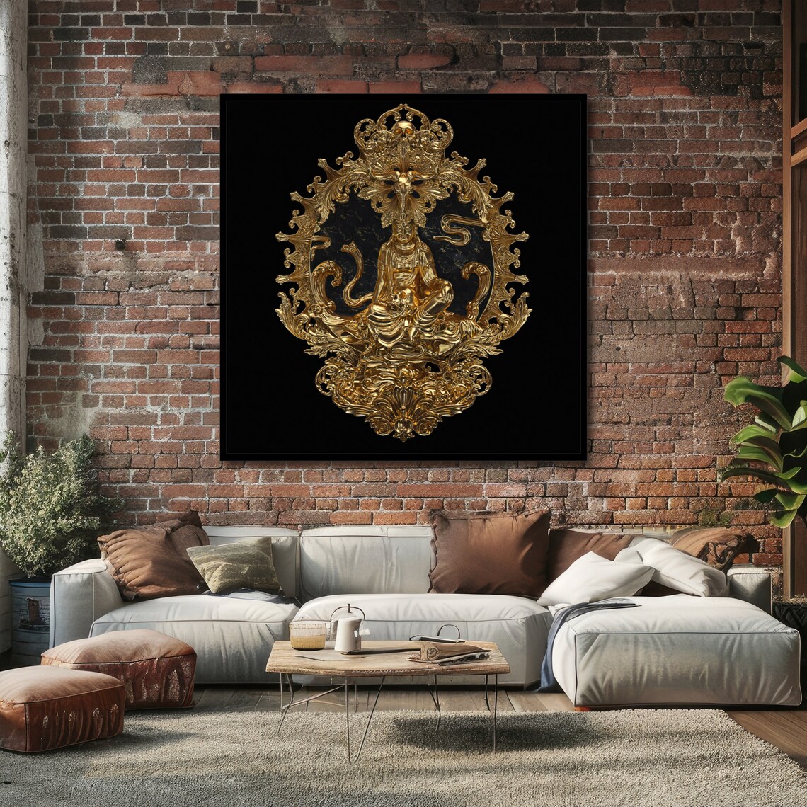 Golden Guanyin Ornate Relief Sculpture Glowing on Black Background Art Poster - Image 4