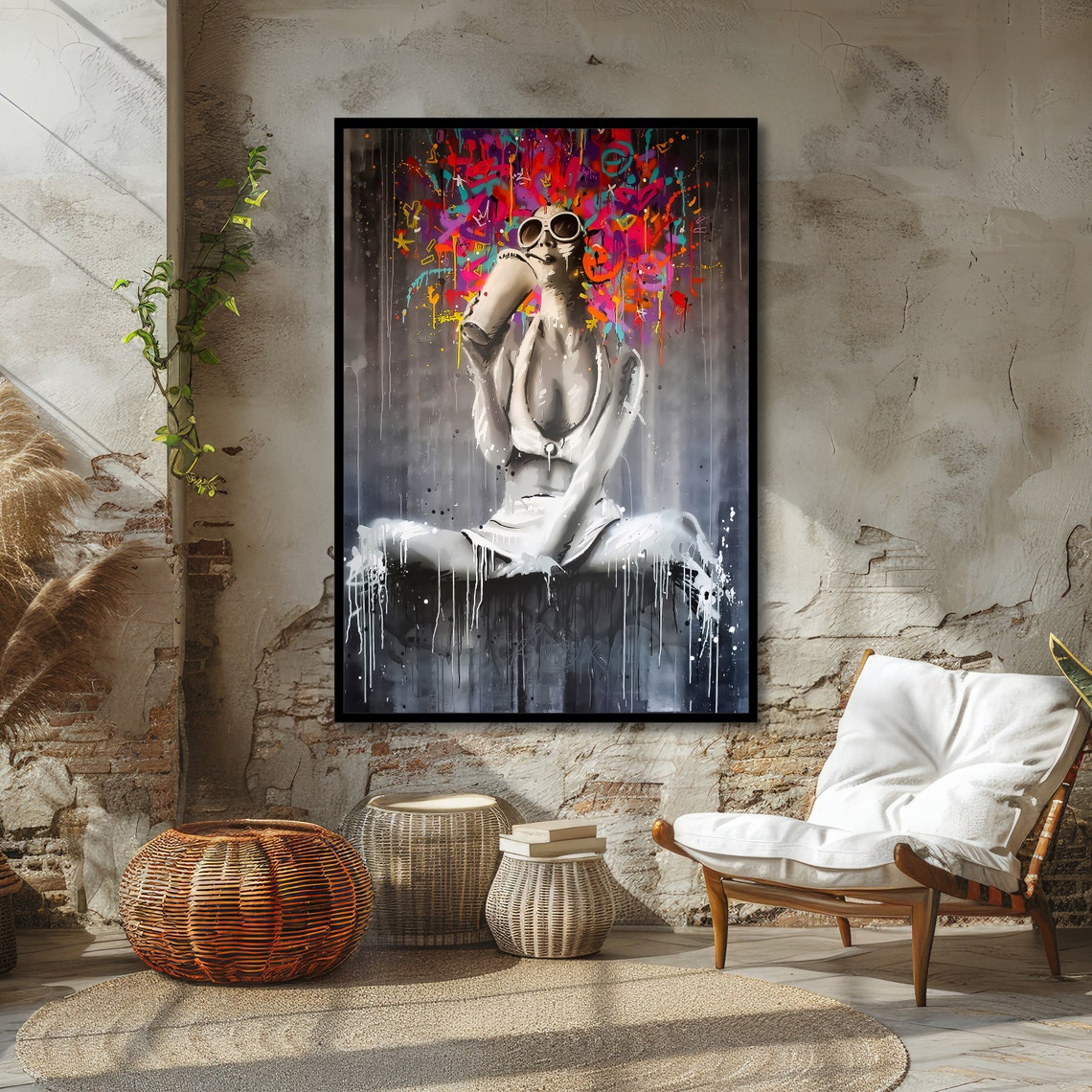Vibrant Graffiti Woman Holding Spray Can with Colorful Halo Art Poster - Image 4