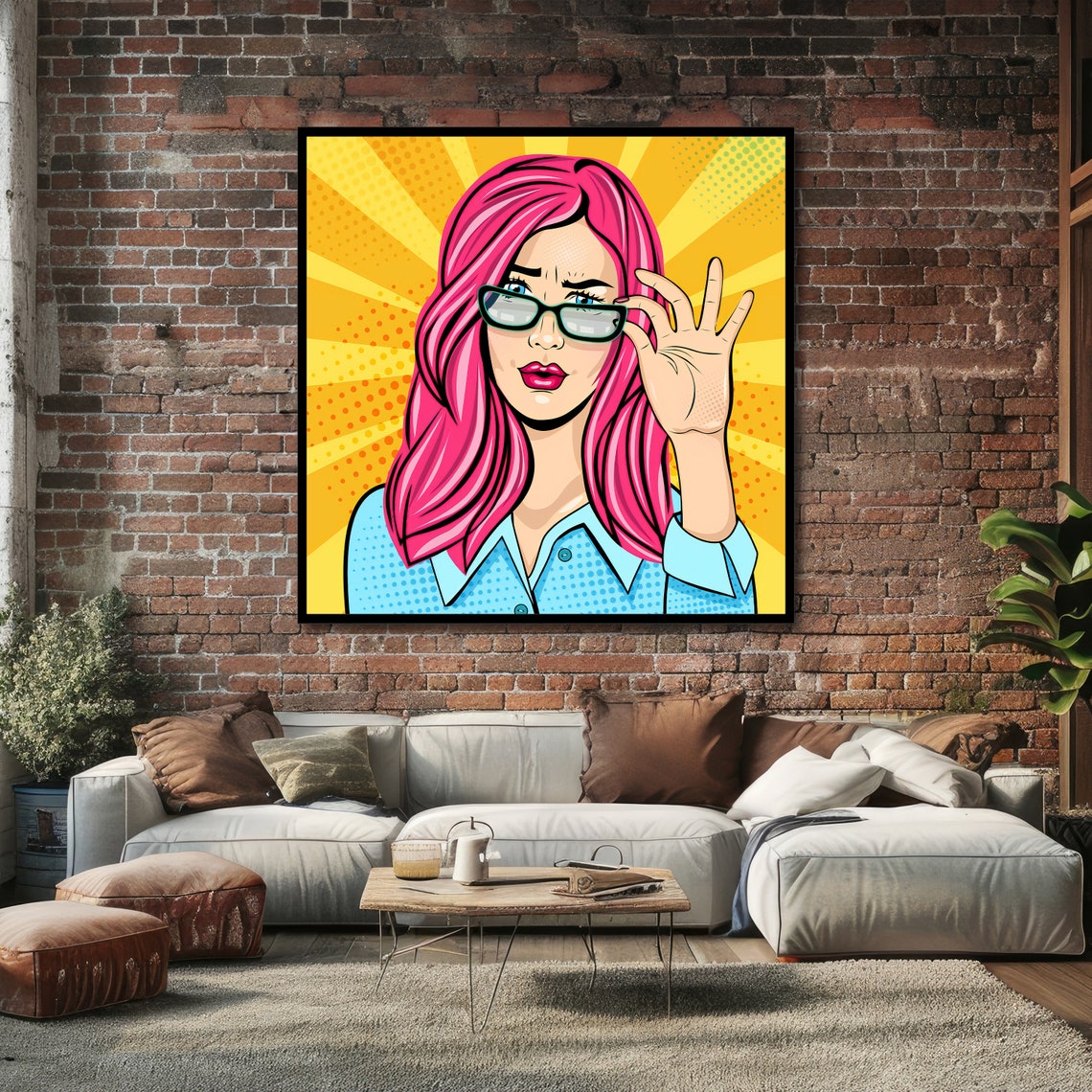 Pop Art Pink Haired Woman Glasses Yellow Sunburst Art Poster - Image 4