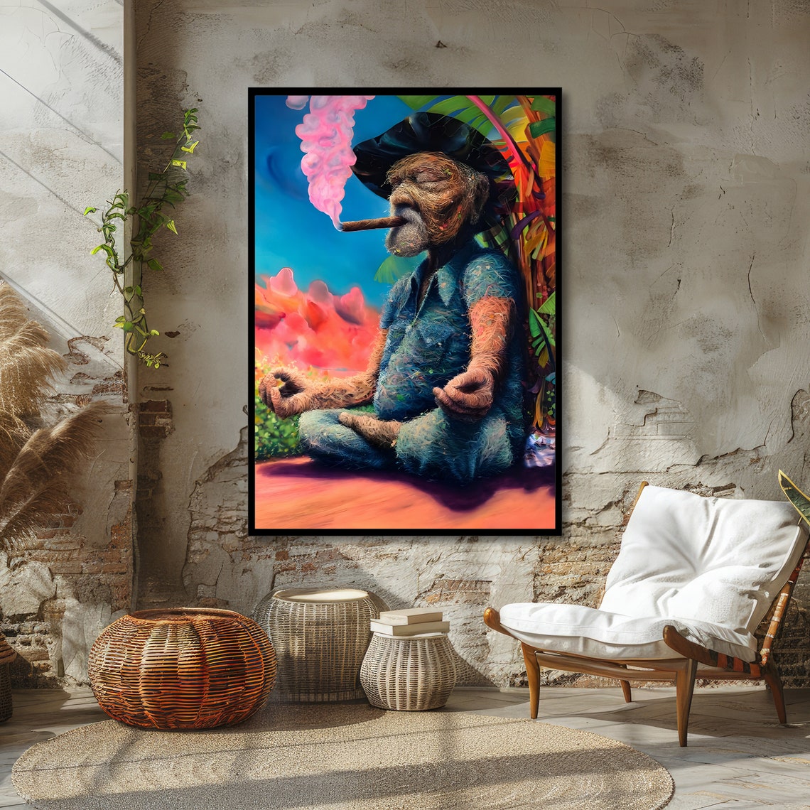 Tropical Grandpa Meditating with Cigar Colorful Zen Art Poster - Image 4