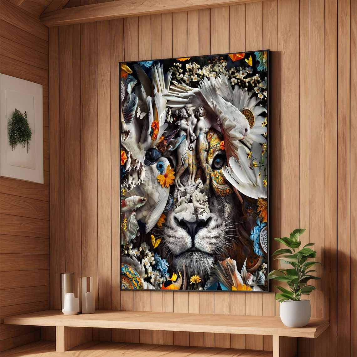 Surreal Lion Collage with Doves Flowers Butterflies Art Poster