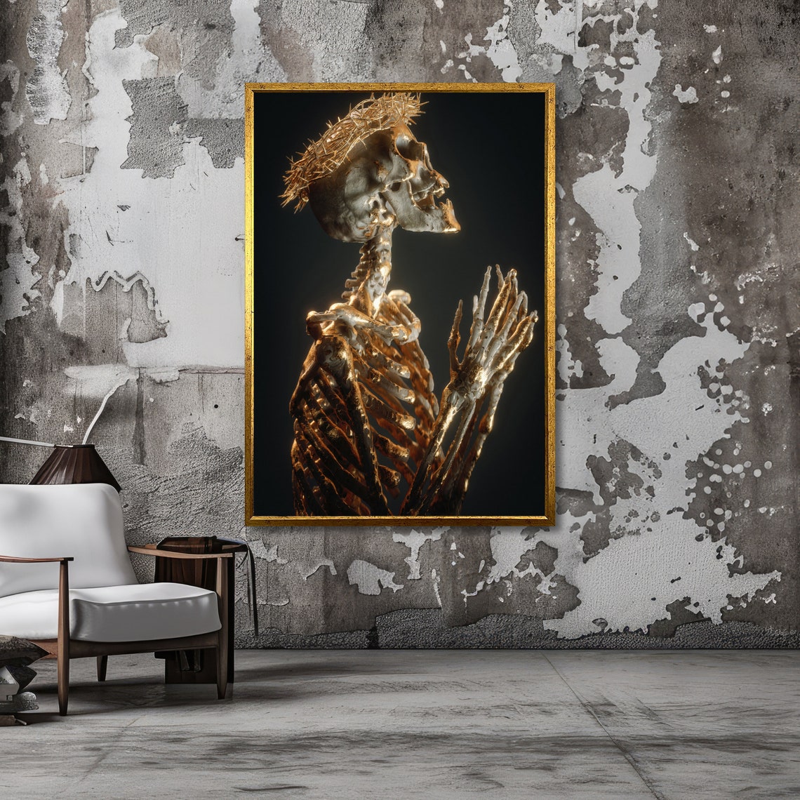 Skeleton Praying With Crown Of Thorns Art Gothic Skeleton Art Dark Religious Decor Unique Wall Art Ready To Hang - Image 3