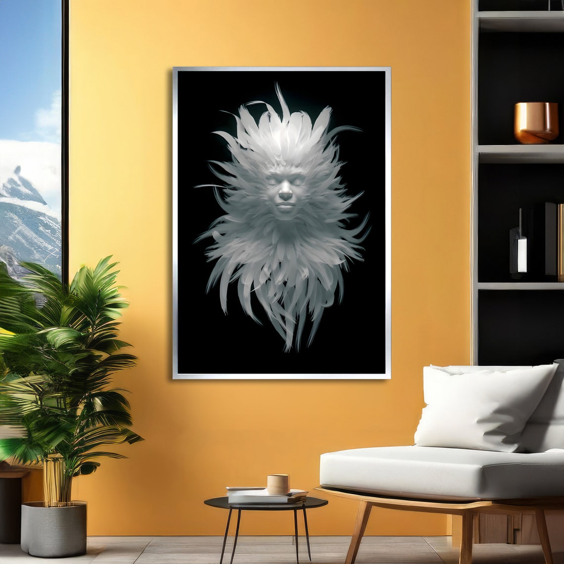 Ethereal White Feather Face in a Surreal Mystical Dream Art Poster - Image 2