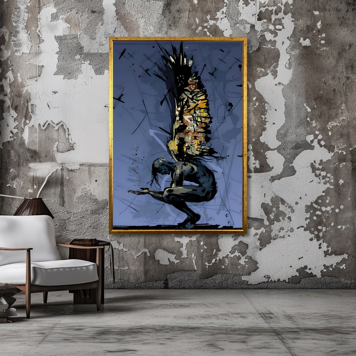 Crouching Winged Figure Graffiti Abstract Dramatic Dark Blue Poster - Image 4