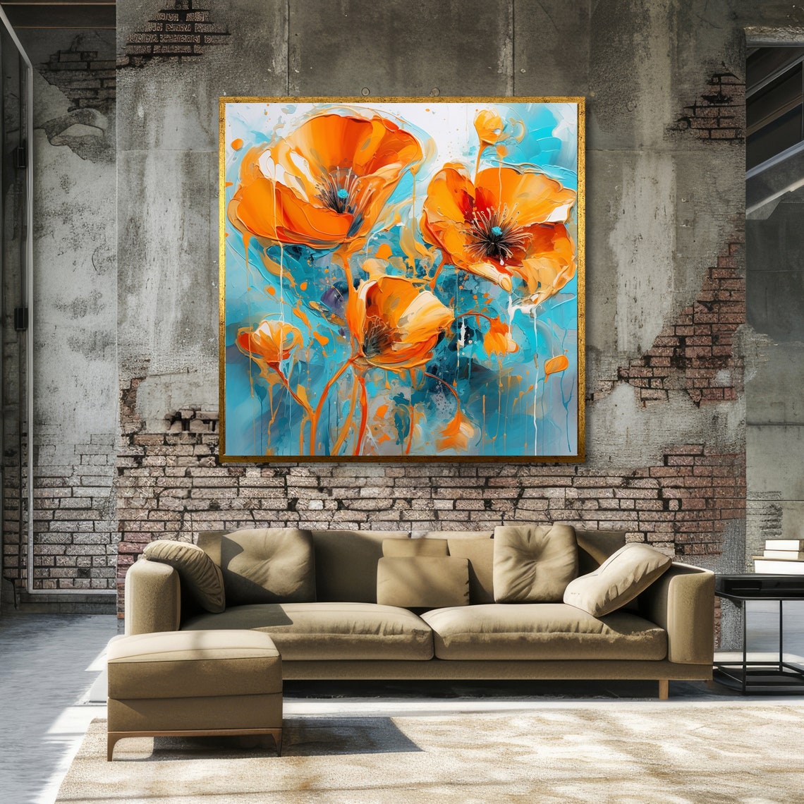 Orange Poppies On Turquoise Background Modern Bold Floral Poster - Image 5