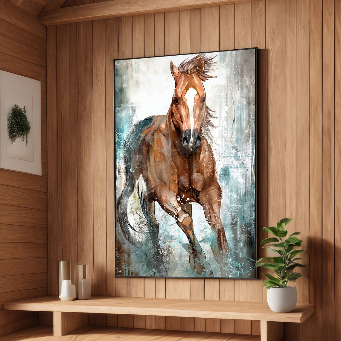 Galloping Chestnut Horse in Motion Watercolor Equine Art Poster