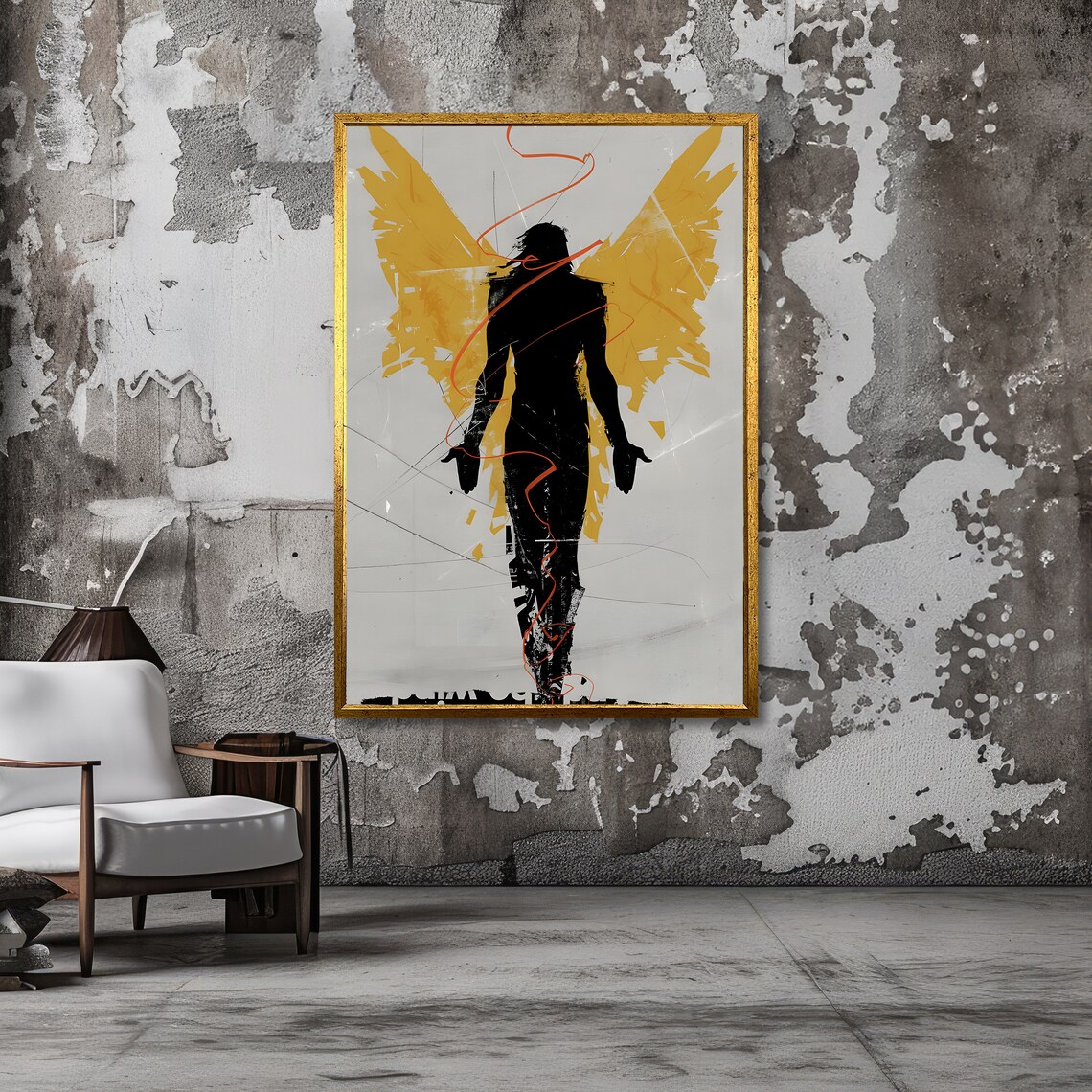 Black Angel Silhouette Golden Yellow Wings Abstract Minimal Poster - Image 3
