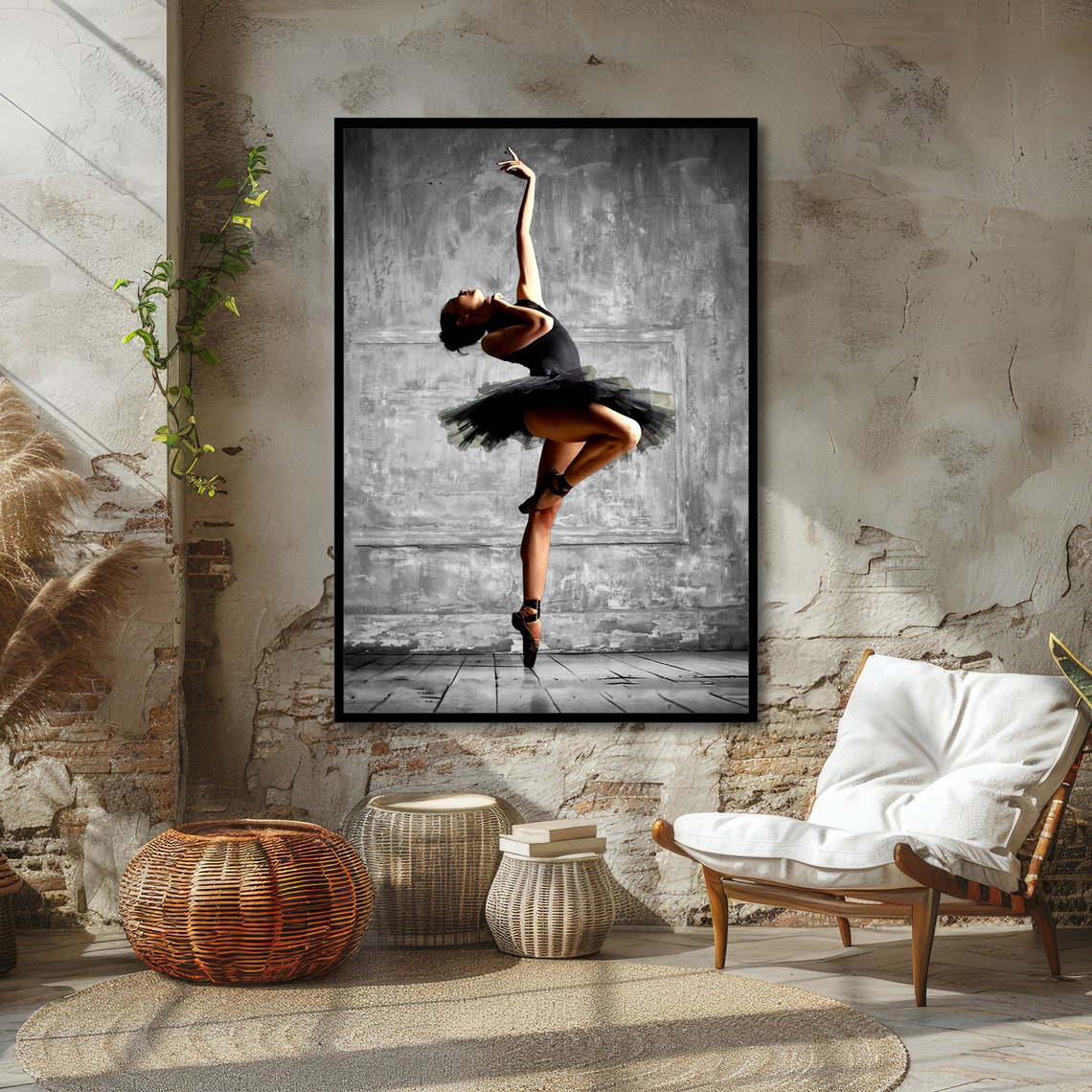 Graceful Ballerina in a Black Tutu Leaping Against Gray Wall Poster - Image 6