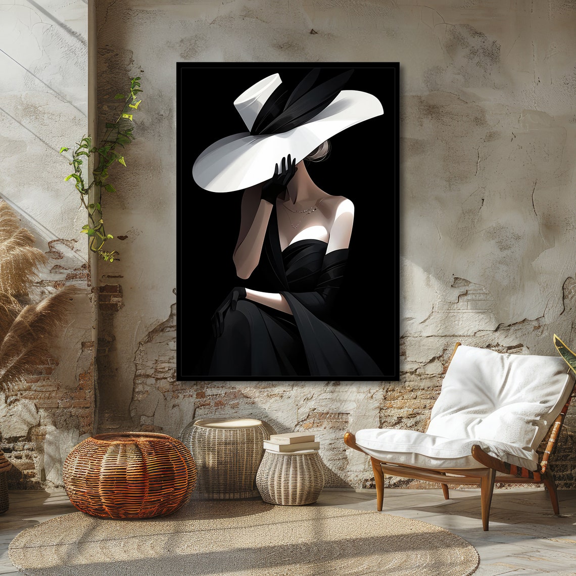 Elegant Lady in Black With a Wide White Hat Glamour Art Poster - Image 4