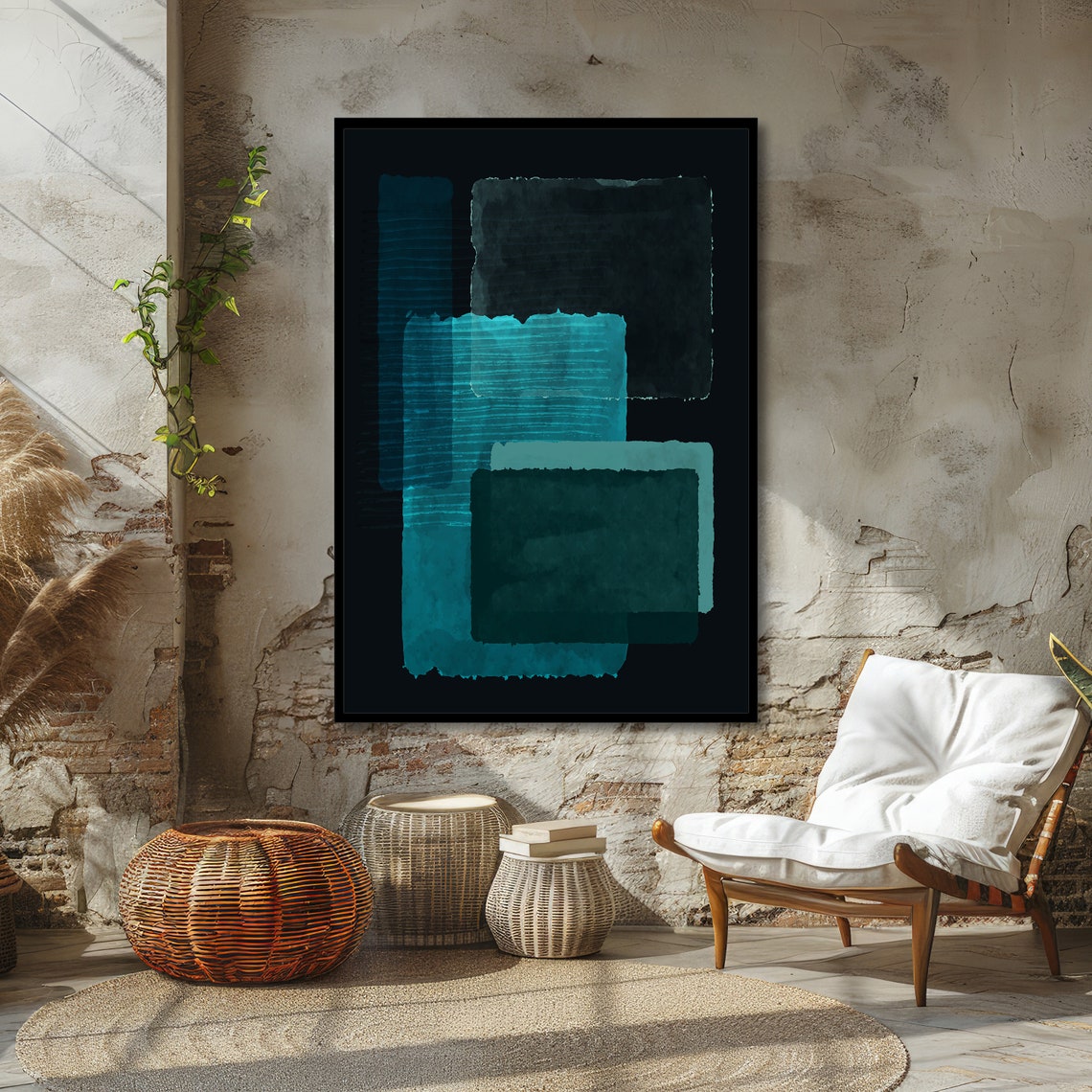 Deep Teal Rectangles on Black in Rothko Style Abstract Poster - Image 5
