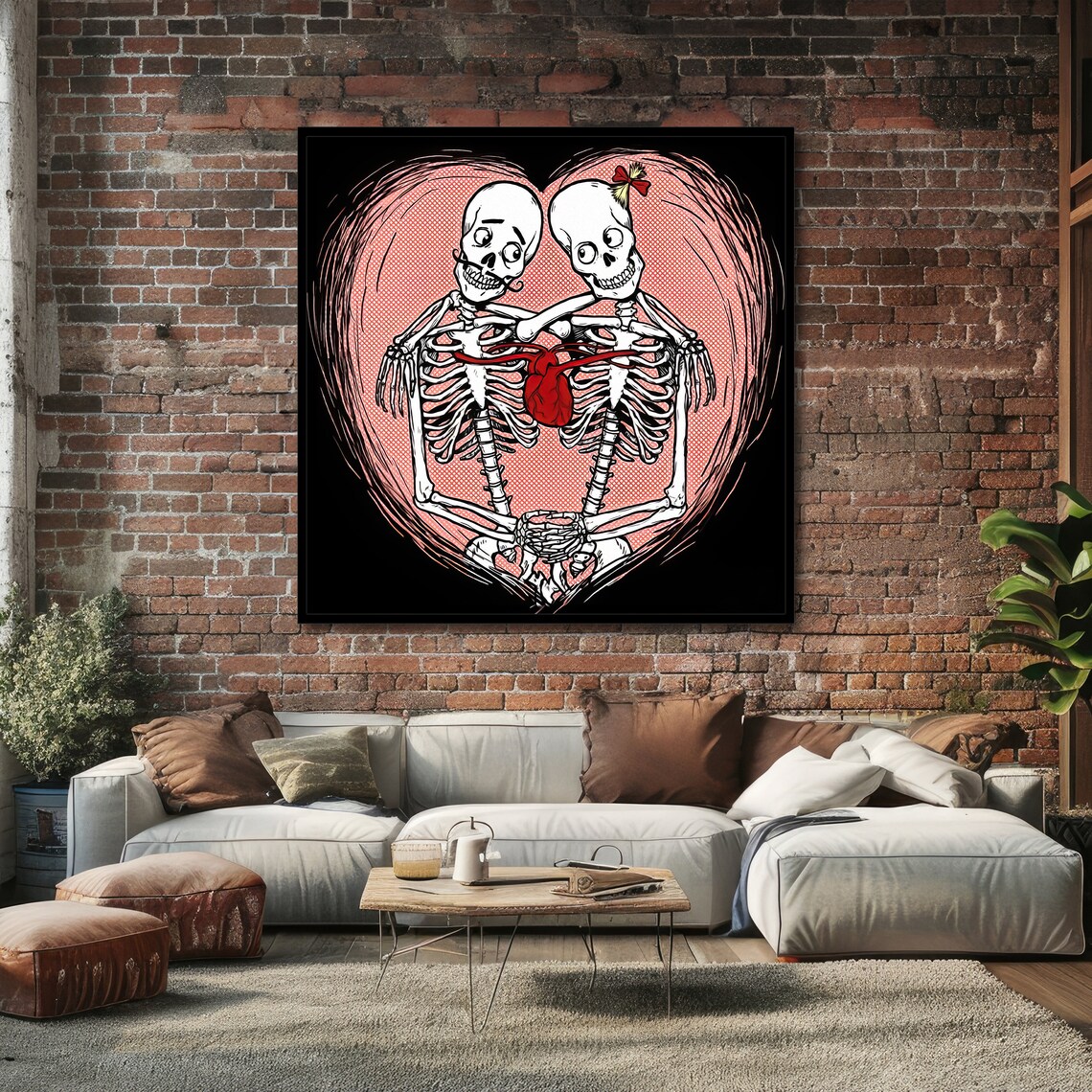 Embracing Skeleton Couple Sharing One Red Heart Gothic Romance Art Poster - Image 4