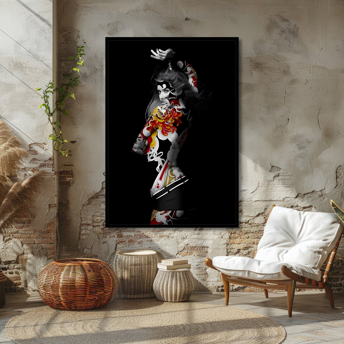 Dancing Woman Silhouette Red Gold Graffiti Black Background Poster - Image 6