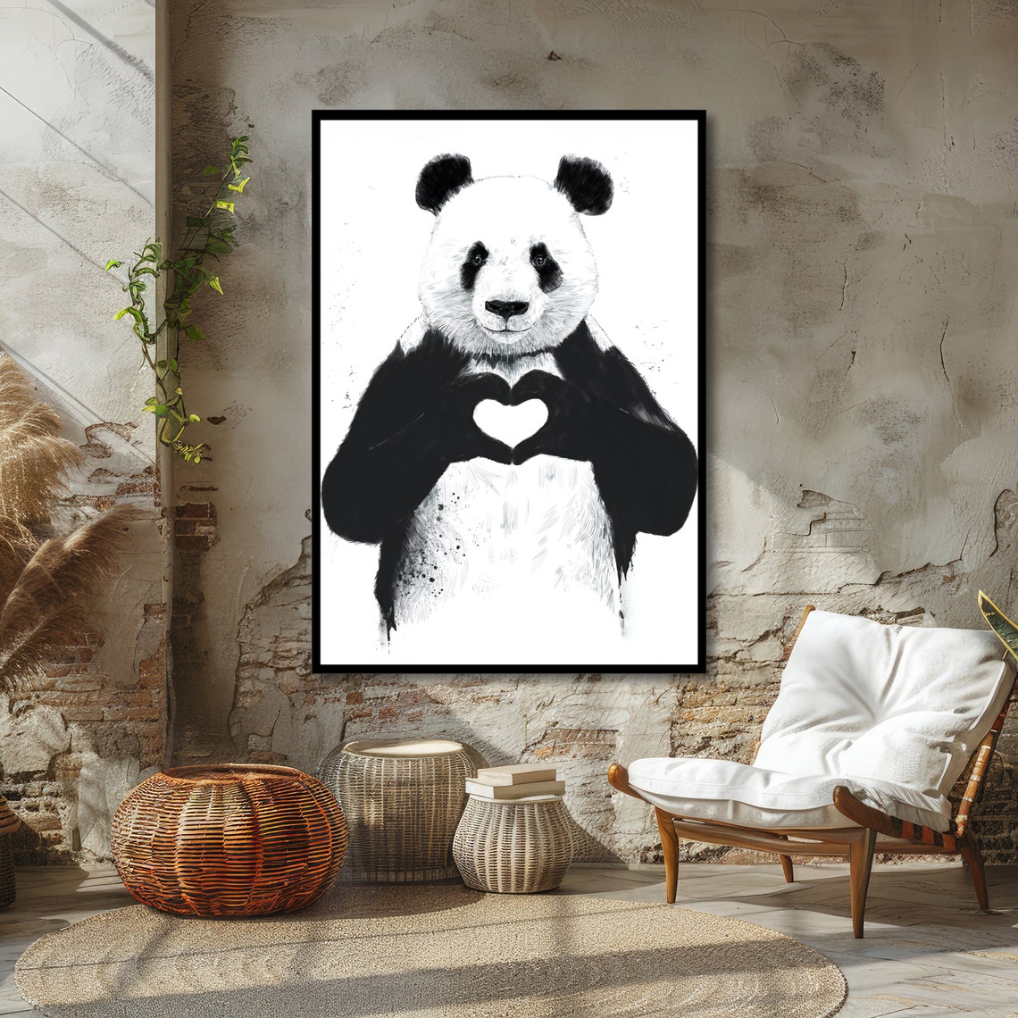 Cute Giant Panda Making a Heart Shape Black White Animal Wall Poster - Image 6
