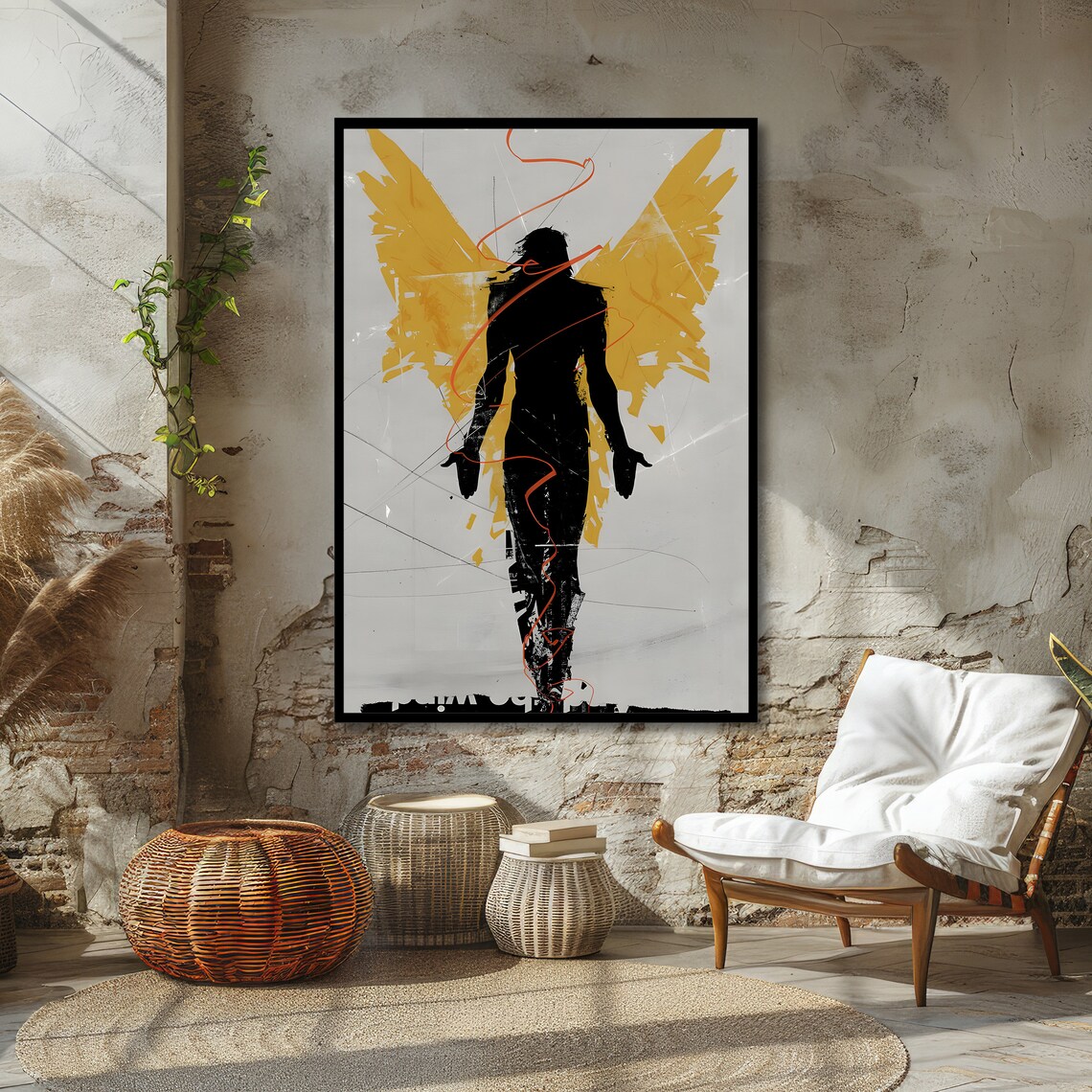 Black Angel Silhouette Golden Yellow Wings Abstract Minimal Poster - Image 4