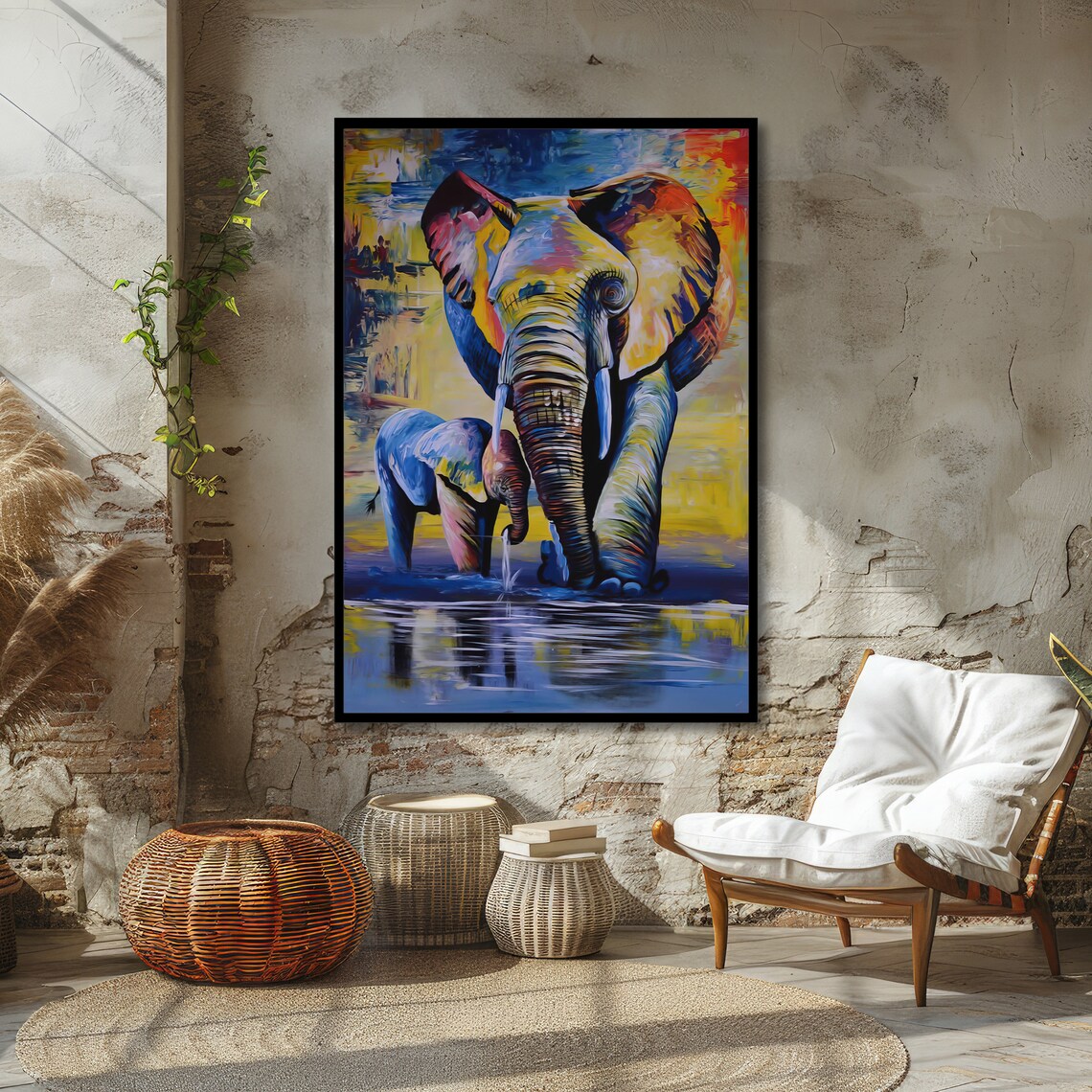 Colorful Elephant and Calf Crossing Water Vibrant Art Poster - Image 6