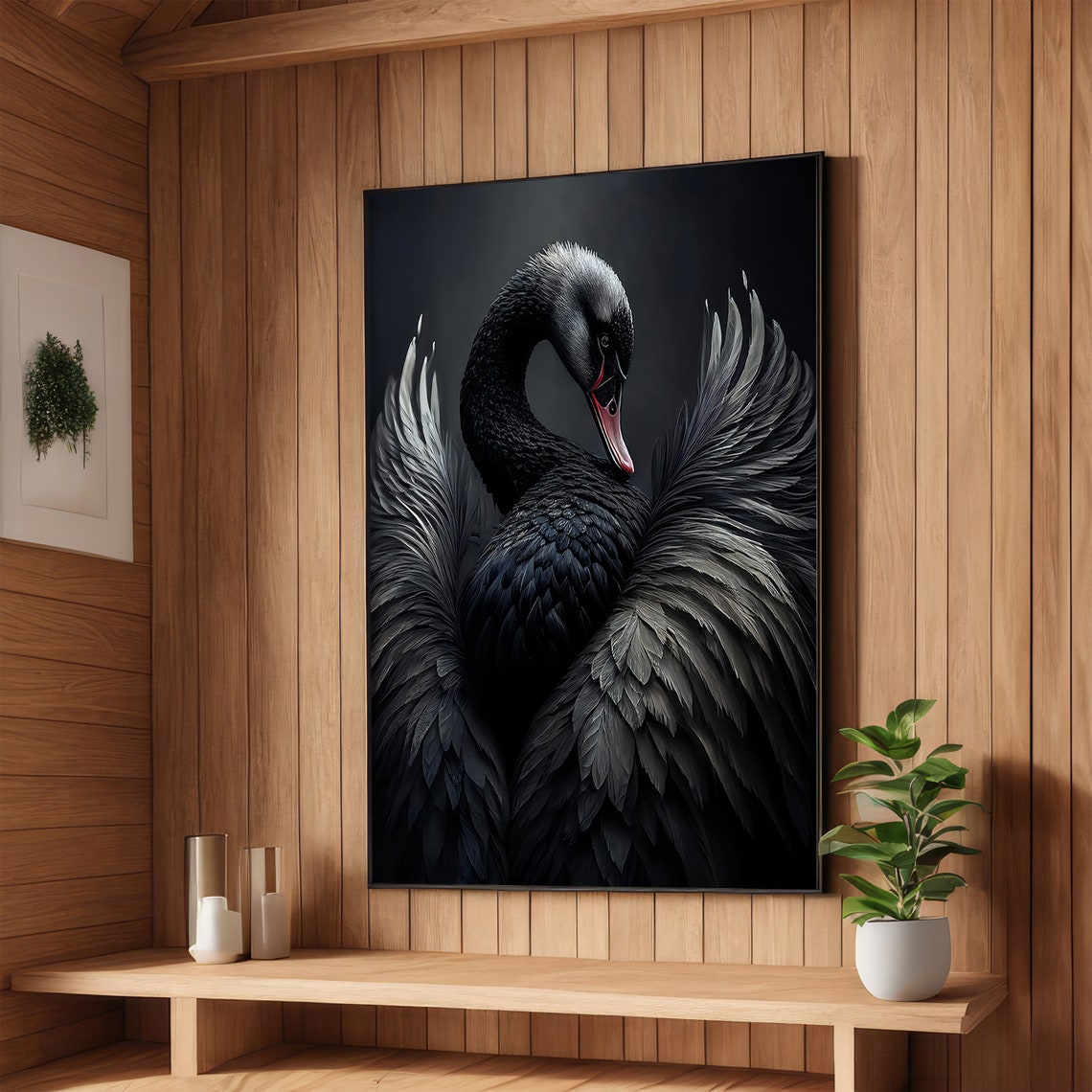 Elegant Black Swan Spreading Wings Dark Moody Bird Portrait Poster
