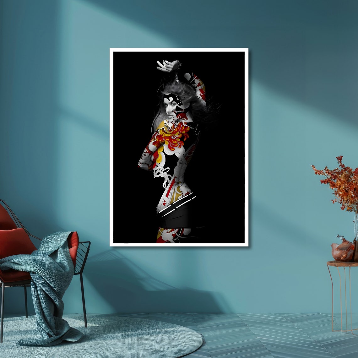 Dancing Woman Silhouette Red Gold Graffiti Black Background Poster - Image 3