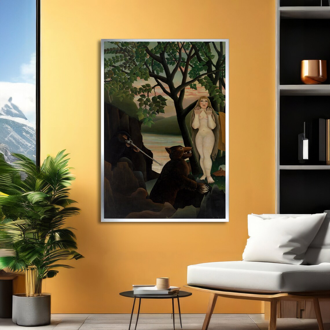 Rousseau Woman Standing in Jungle Beside Bear Naive Art Poster - Image 3