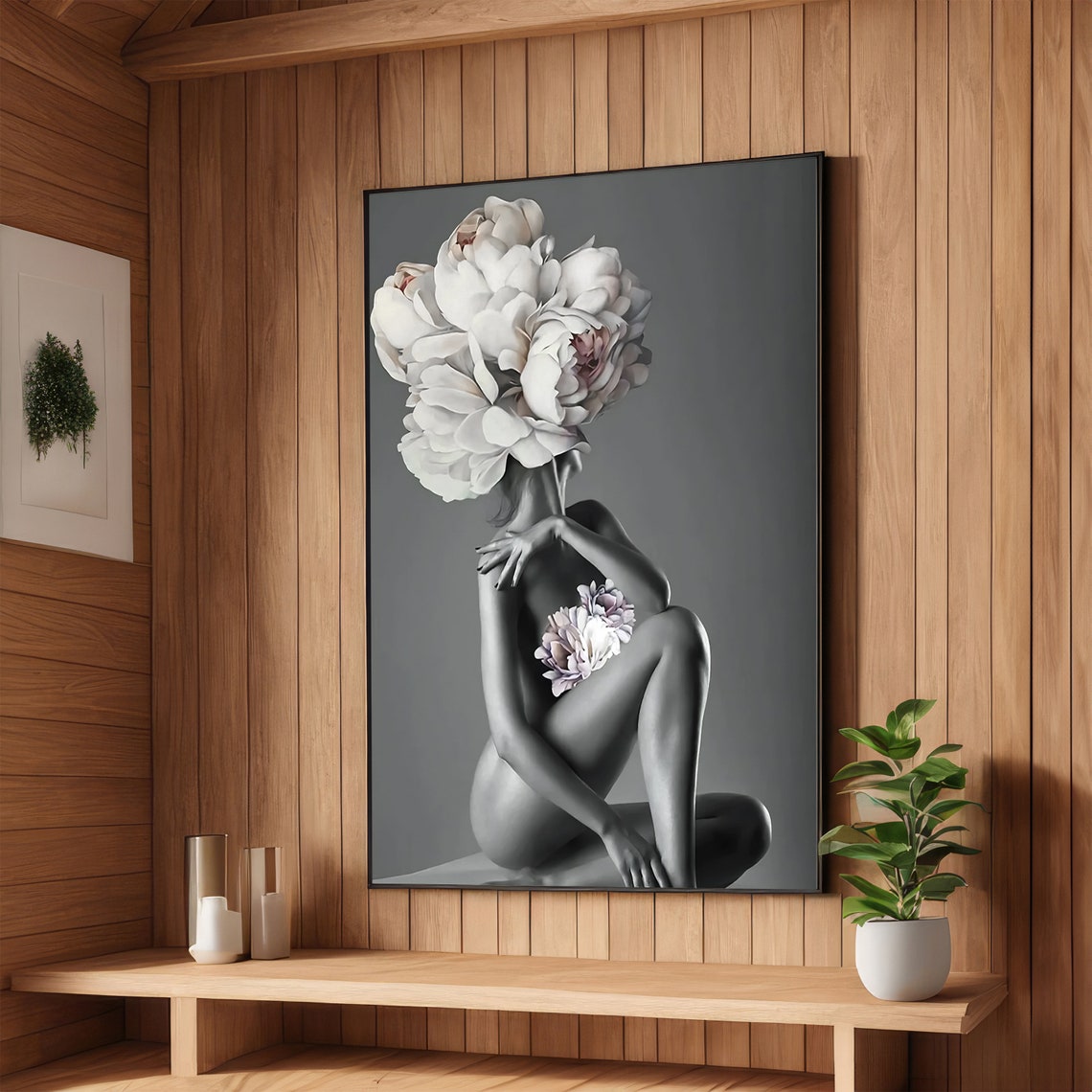 Seated Nude Woman With a Peony Bloom Head Surreal Fine Art Poster