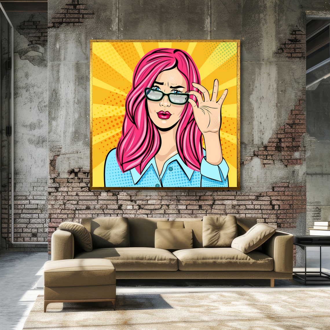 Pop Art Pink Haired Woman Glasses Yellow Sunburst Art Poster - Image 3