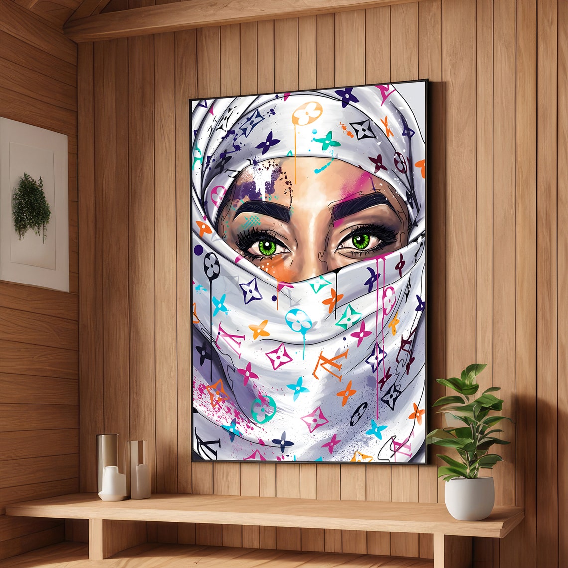Woman in Colorful Patterned Hijab Vibrant Portrait Art Poster