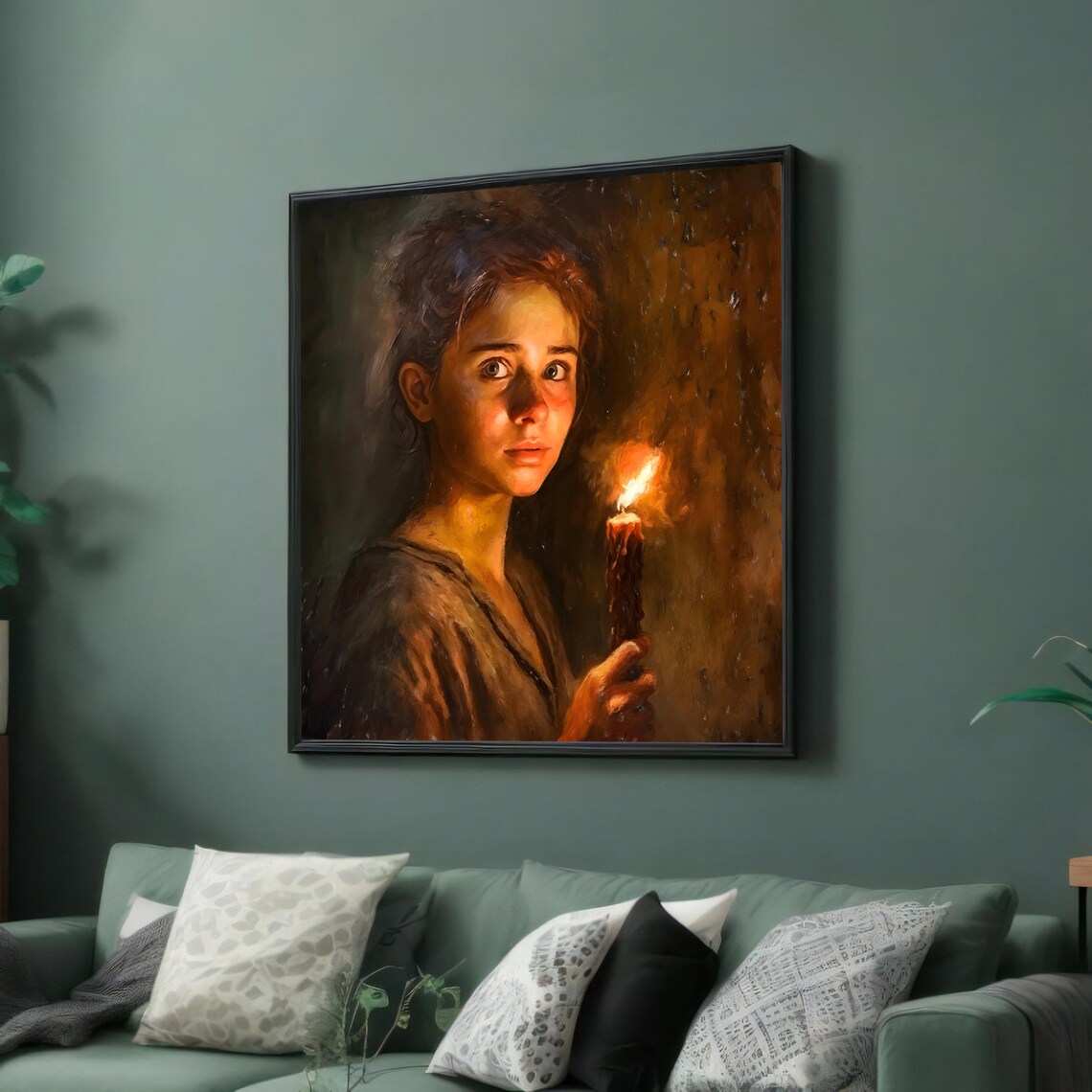 Young Woman Holding a Lit Candle Warm Chiaroscuro Portrait Art Poster