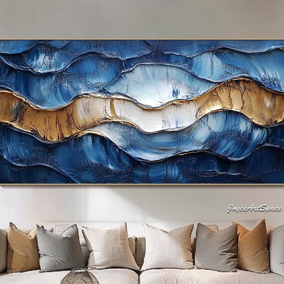 Navy Blue Gold Abstract Wave Impasto Oil Painting Luxury Ocean Wall Art