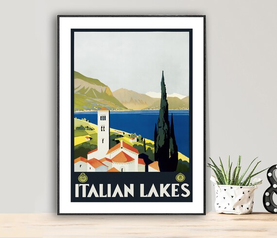 Italian Lakes Vintage Travel Poster, Wall Decor