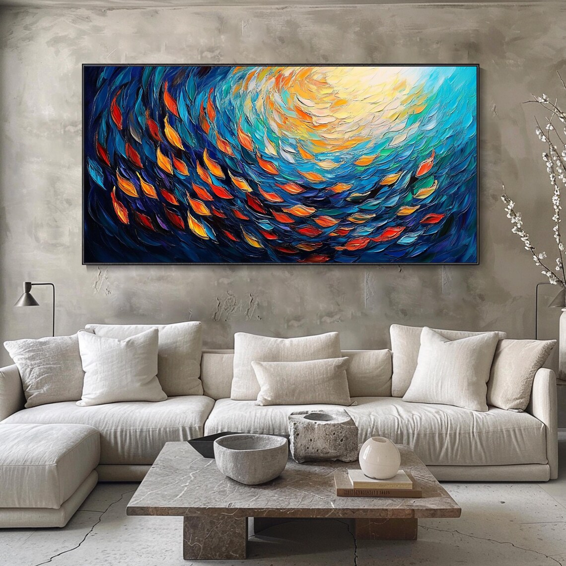 School of Fish Swirling Deep Blue Water Sunrise Ocean Art Poster - Image 3