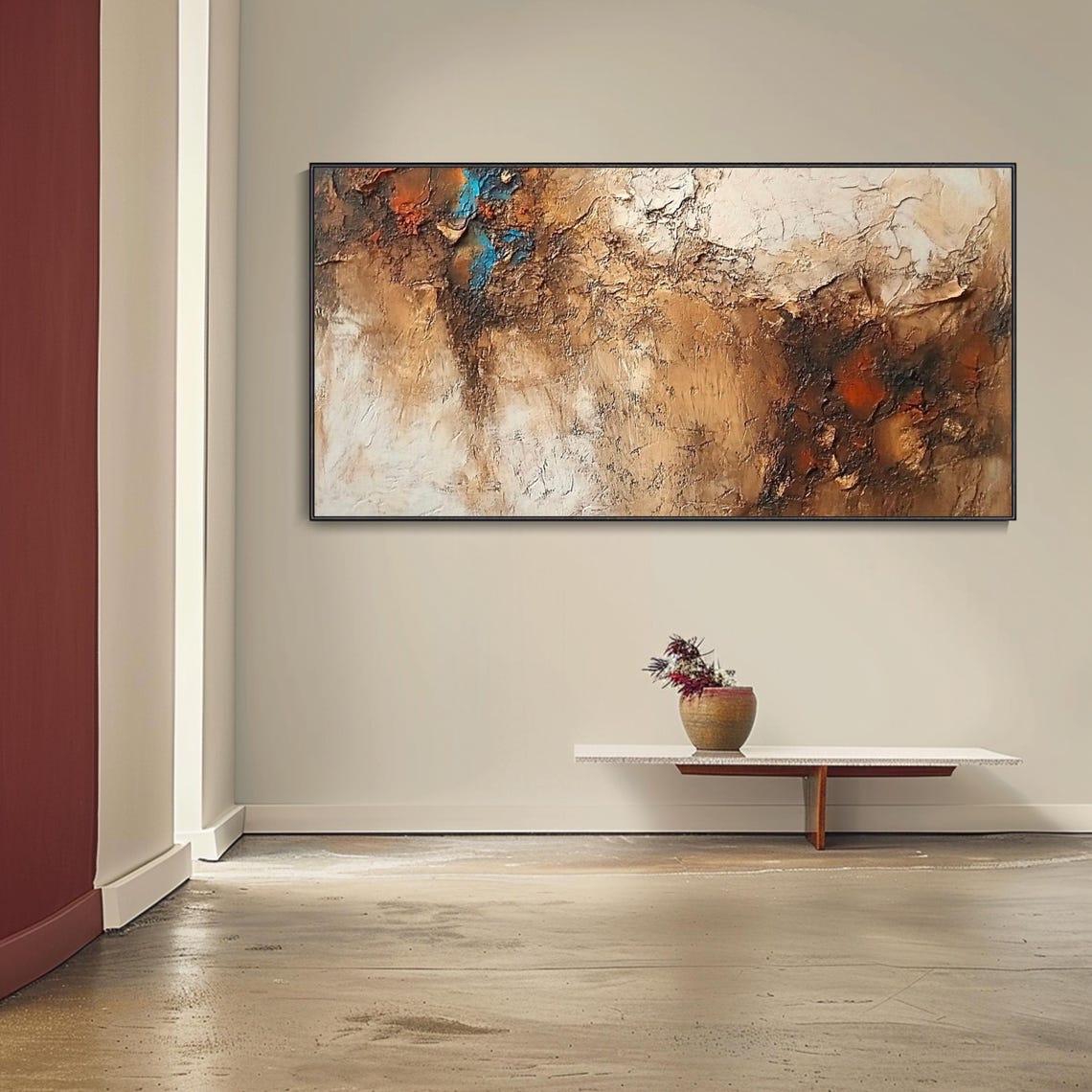 Earthy Gold Brown Abstract Impasto Texture Turquoise Accent Wall Art - Image 4