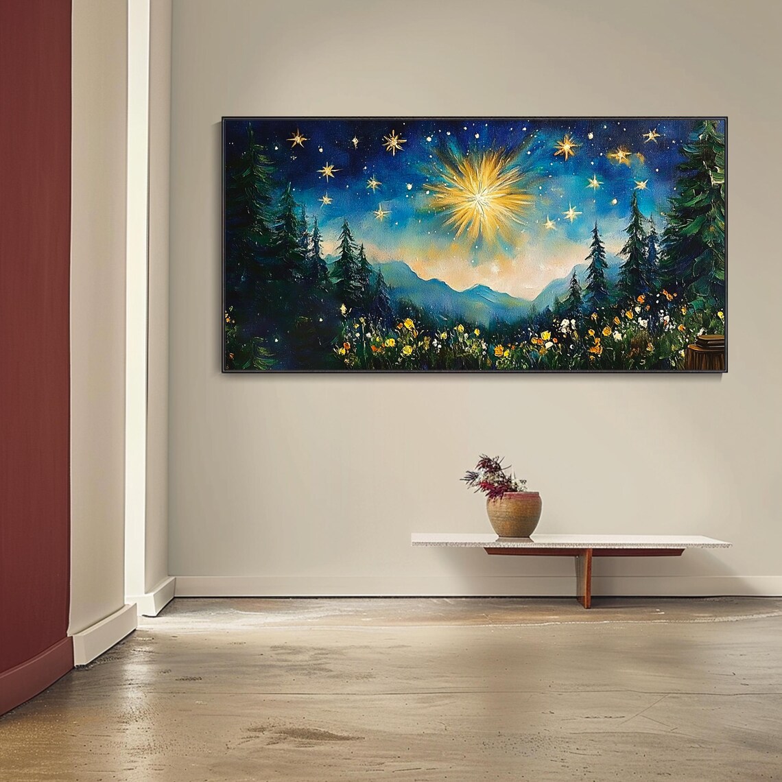 Starry Night Pine Forest Glowing Star Flower Meadow Oil Painting Wall Art - Image 4