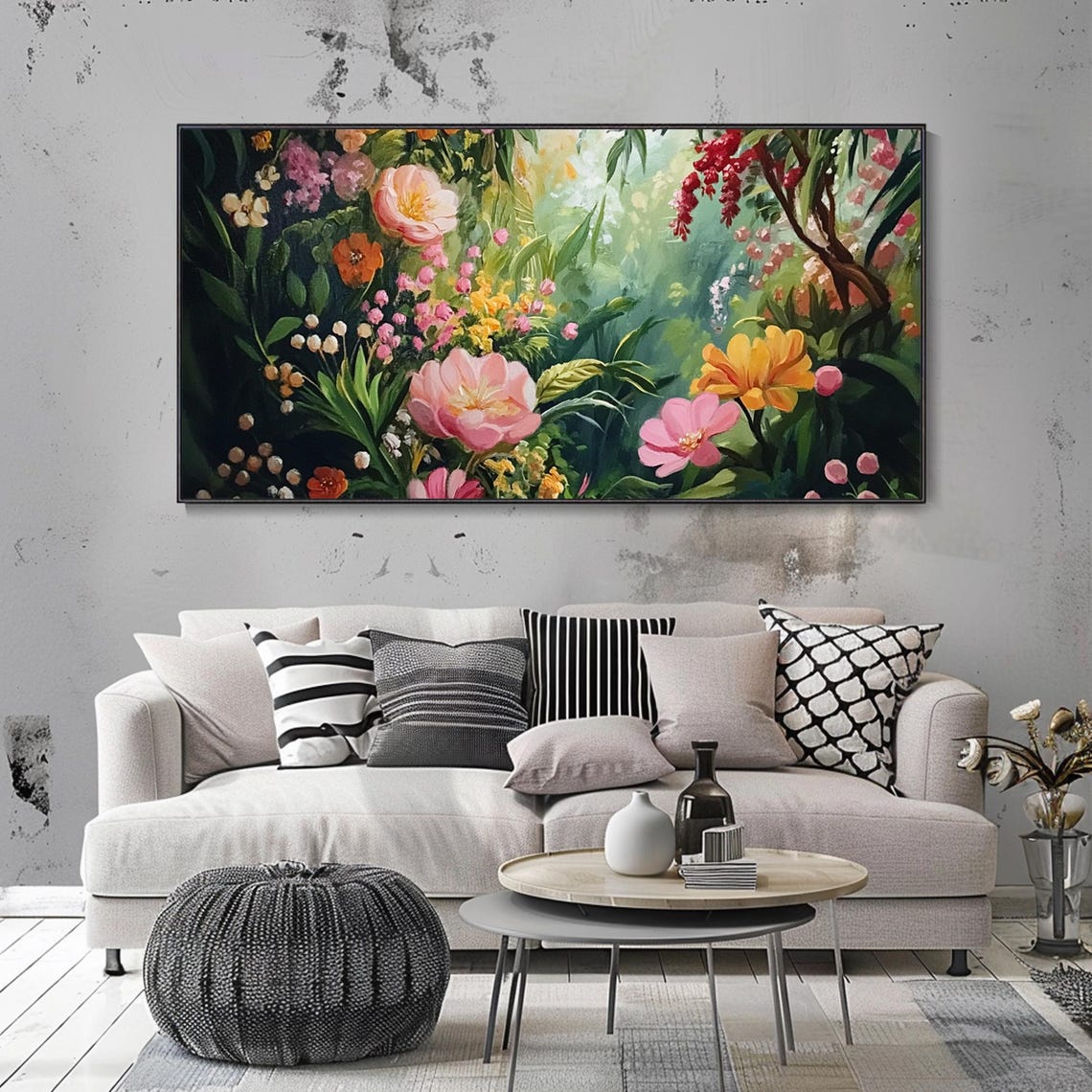 3dtexture Painting Original Garden Painting On Green Wall Art Colorful Flower Painting Living Room Wall Art Teal Luxurious Floral Art - Image 3