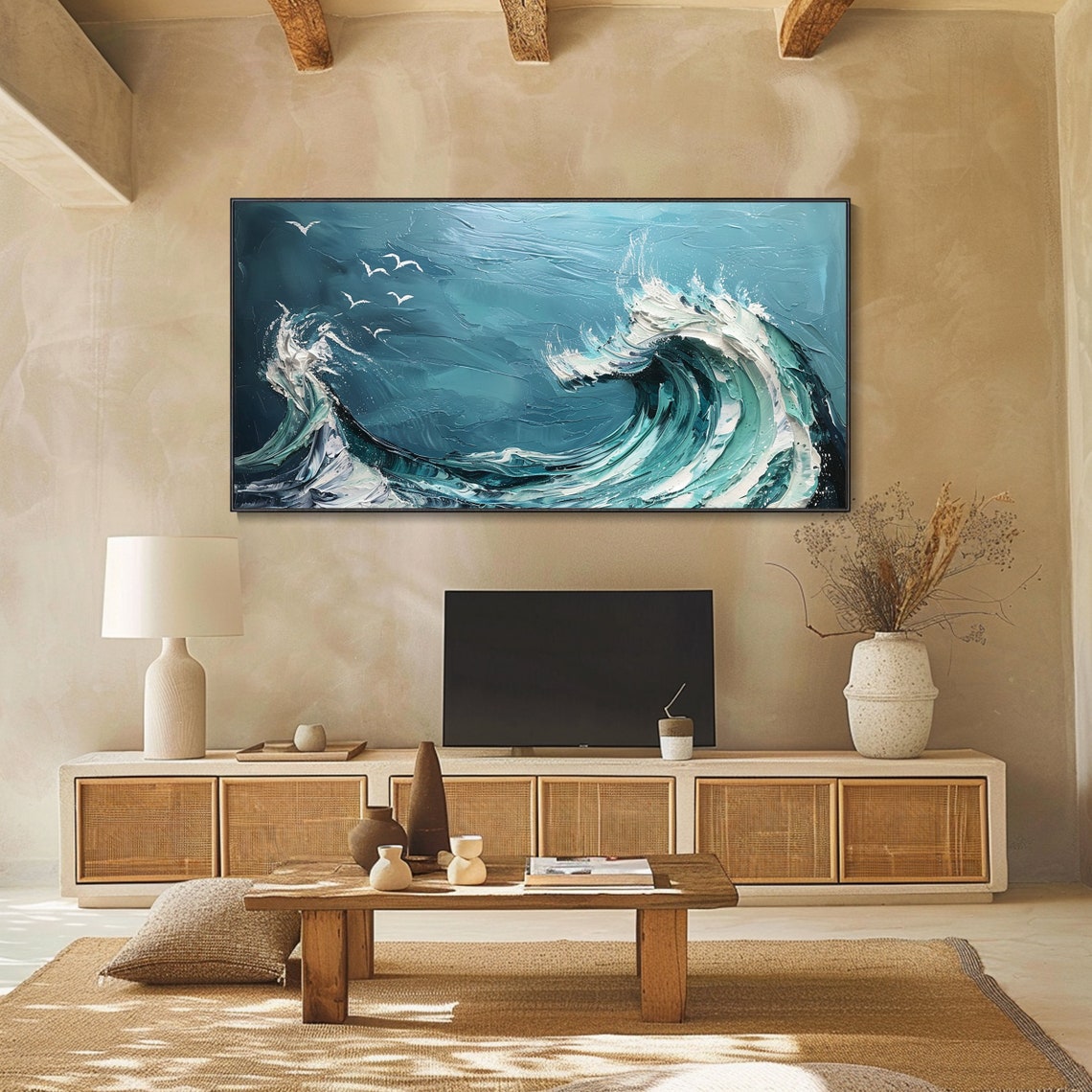 Turquoise Crashing Wave Seagulls White Foam Ocean Art Poster - Image 4