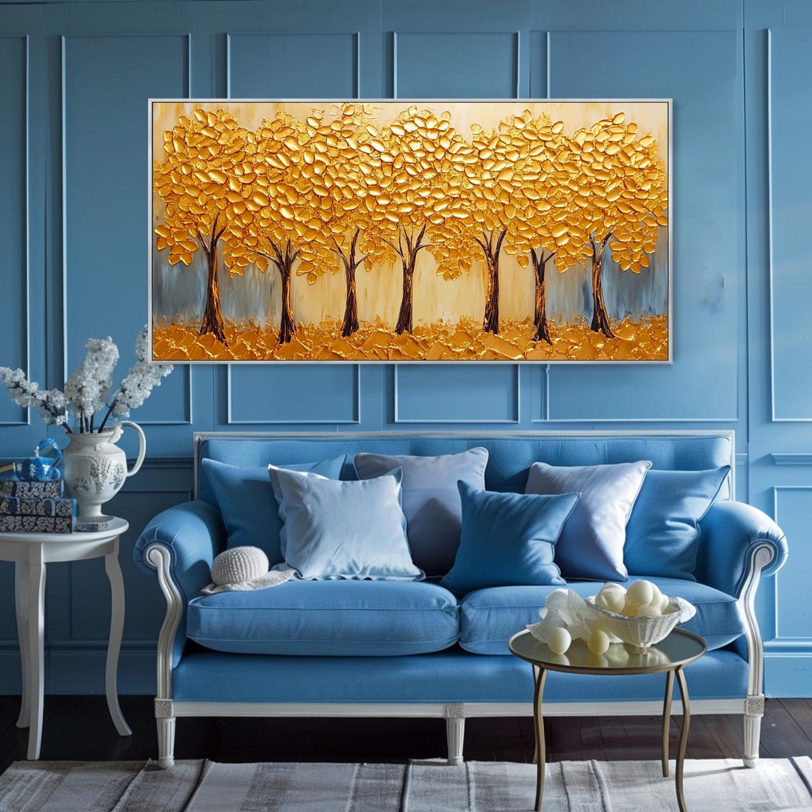 Golden Leaf Trees Row Rich Gold Foliage Luxury Textured Wall Art - Image 3