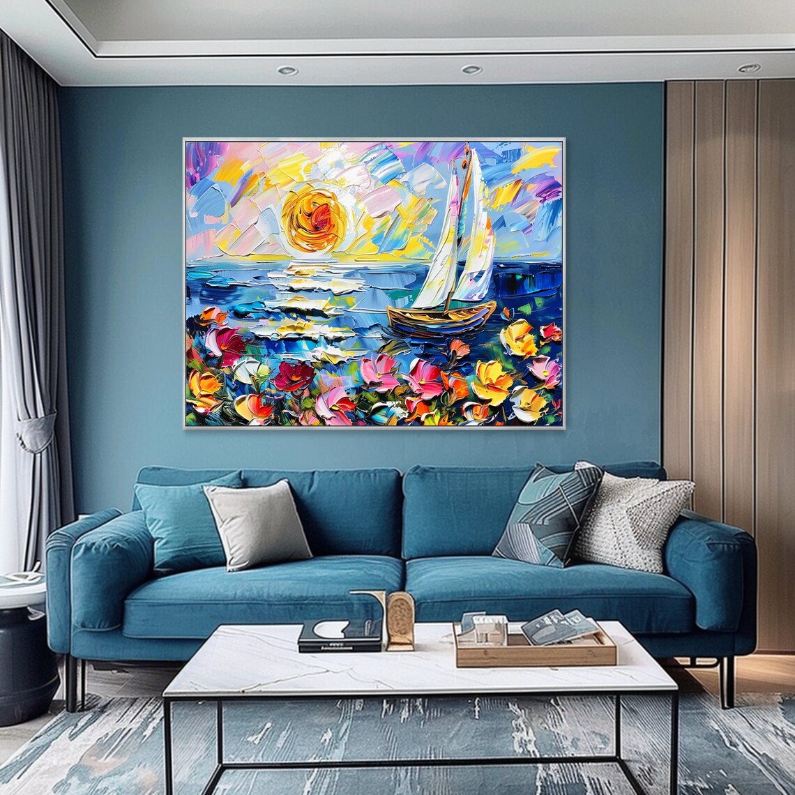 Sunset Sailboat Blue Sea Colorful Wildflowers Impasto Art Poster - Image 3