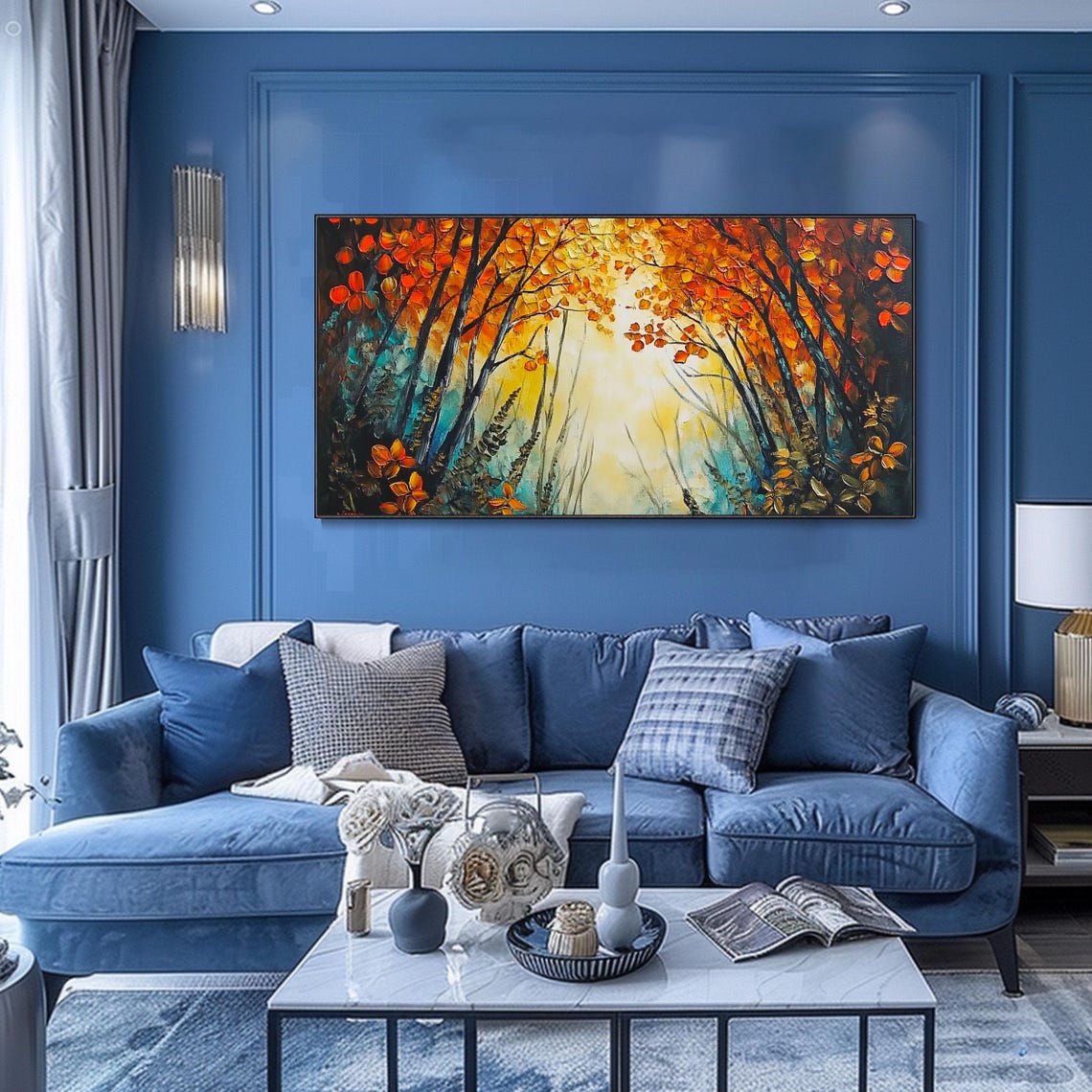 Dramatic Autumn Forest Orange Canopy Glowing Light Textured Wall Art - Image 2