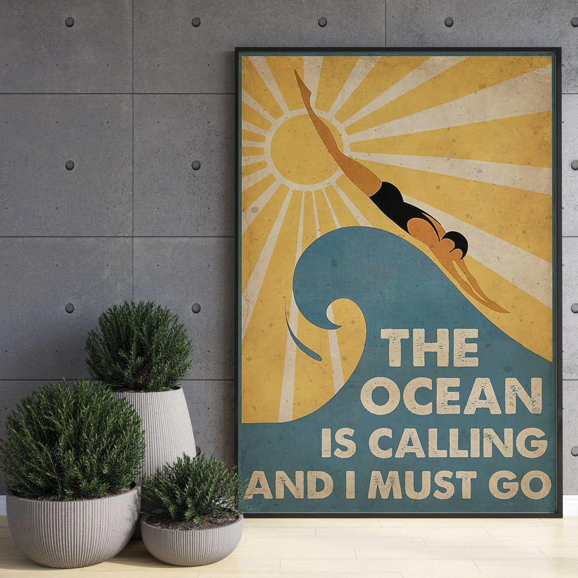 The Ocean Is Calling And I Must Go Vintage Diver Wave Poster - Image 3