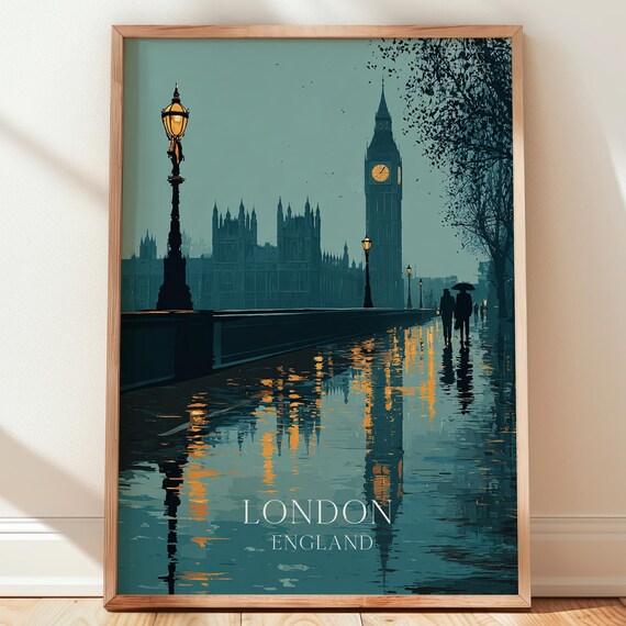 London England Travel Poster Iconic City Skyline Print Big Ben Wall Art Uk Decor