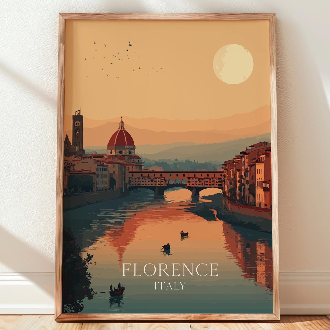 Florence Italy Duomo Ponte Vecchio Sunset Arno River Travel Poster