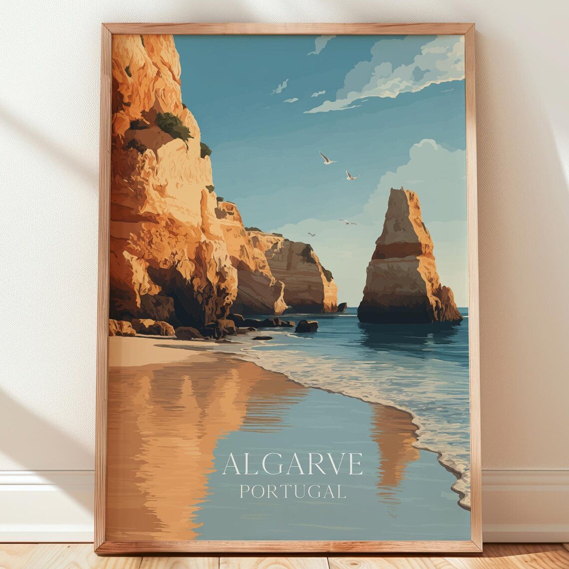 Algarve Portugal Golden Cliffs Sea Stacks Sunlit Beach Travel Poster