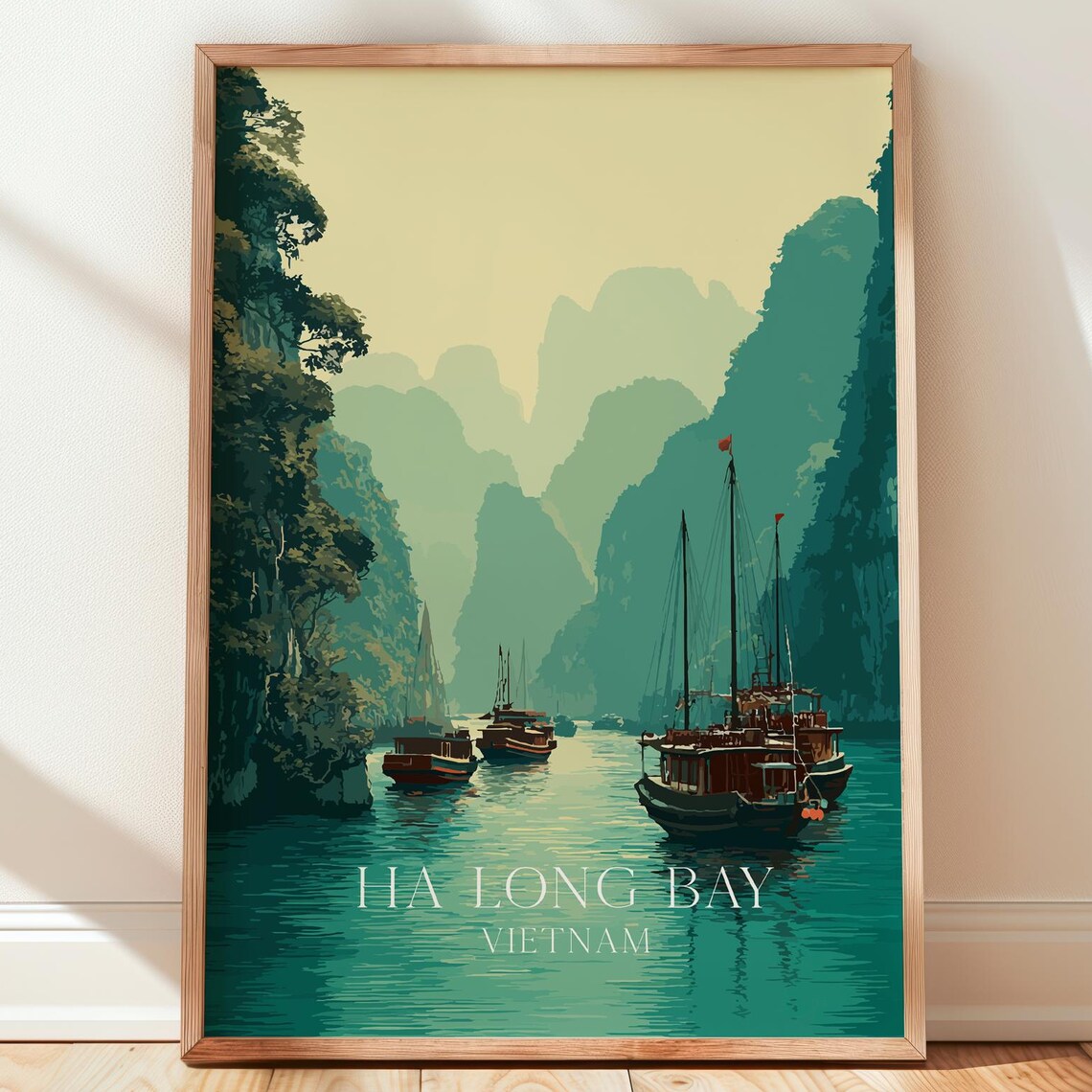 Ha Long Bay Vietnam Travel Poster Limestone Karsts Junk Boats Emerald Seas