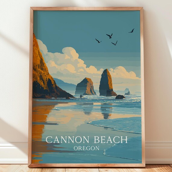 Cannon Beach Oregon Haystack Rock Sunset Seagulls Travel Poster