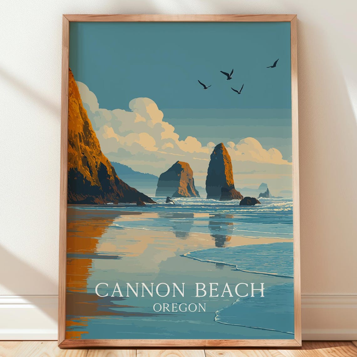 Cannon Beach Oregon Haystack Rock Sunset Seagulls Travel Poster