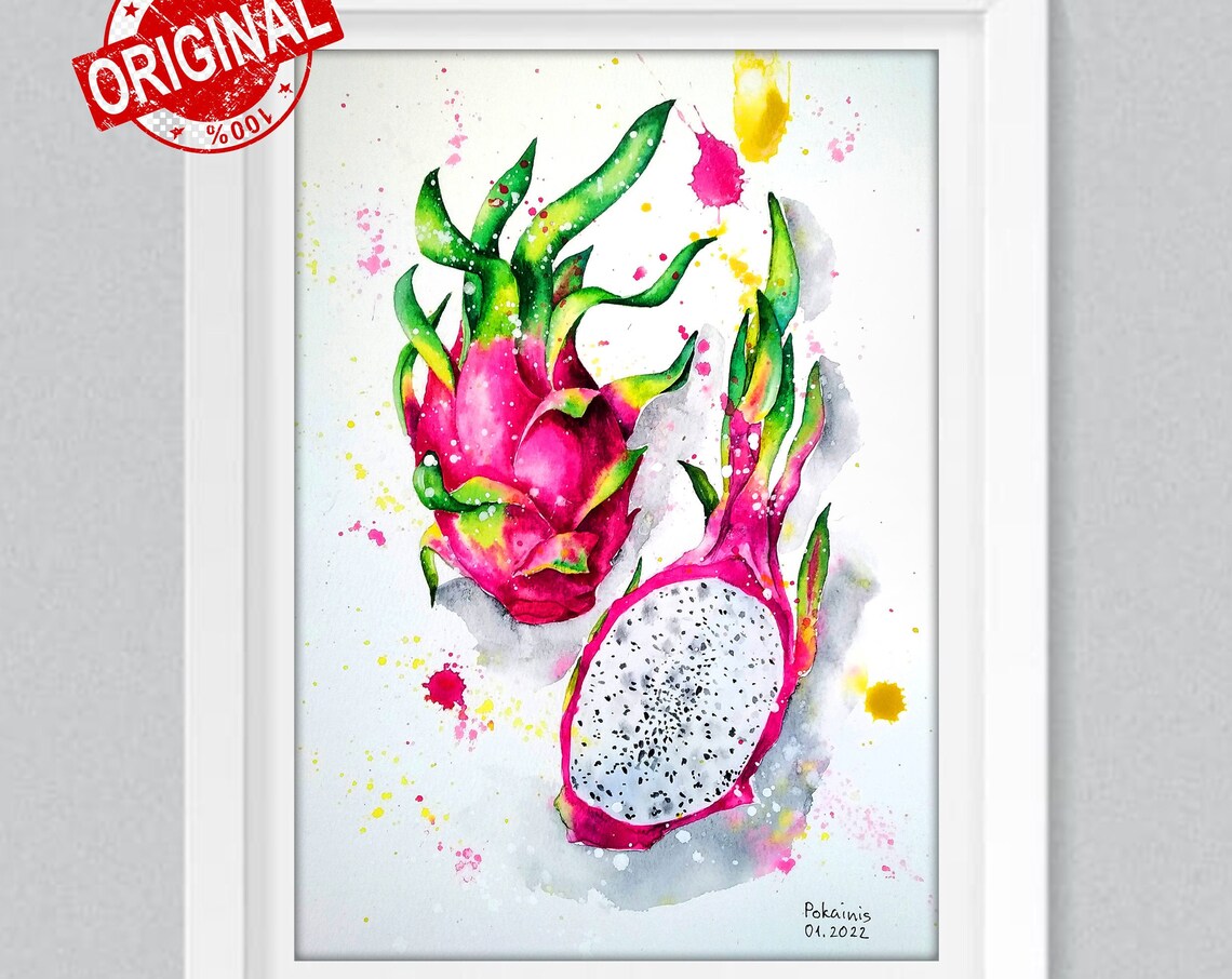 Original Watercolor Painting Exotic Fruit Painting Dragon Fruits Fruits Wall Art Vegetables Artwork A4 Wall Painting Watercolor Splash - Image 2
