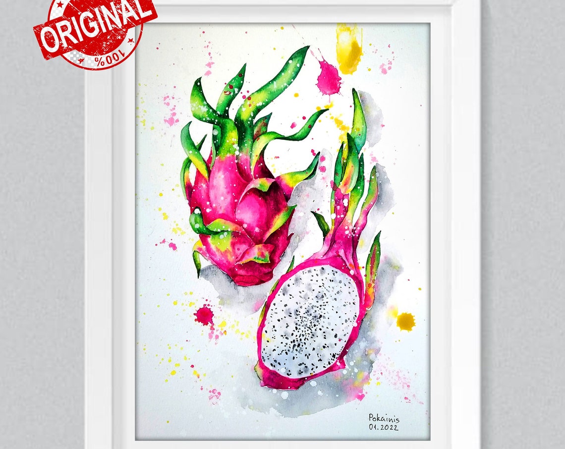 Pink Dragon Fruit Splash Paint Halved Watercolor Kitchen Poster - Image 2