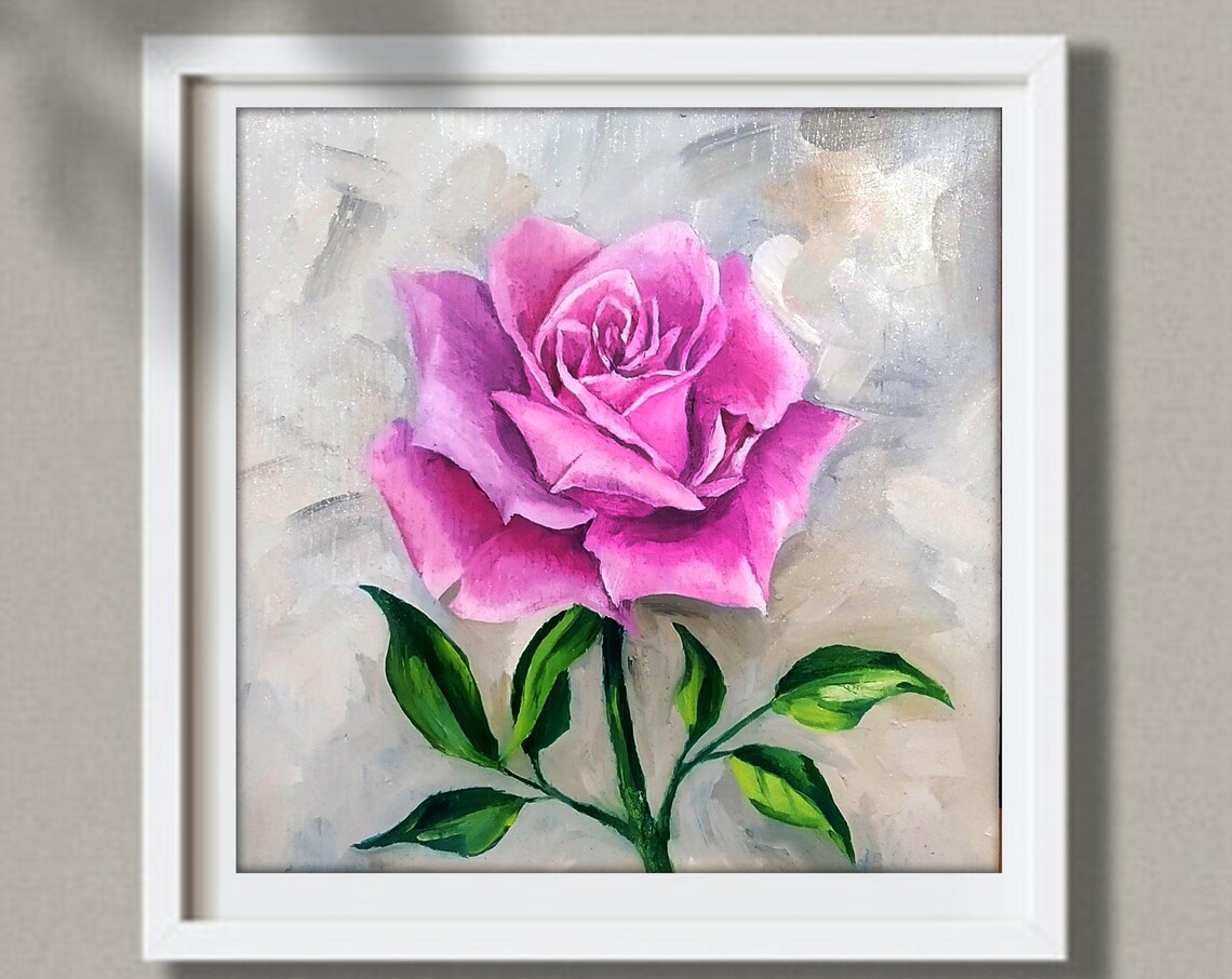 Blooming Pink Rose Oil Painting Poster On Soft Gray Background - Image 5