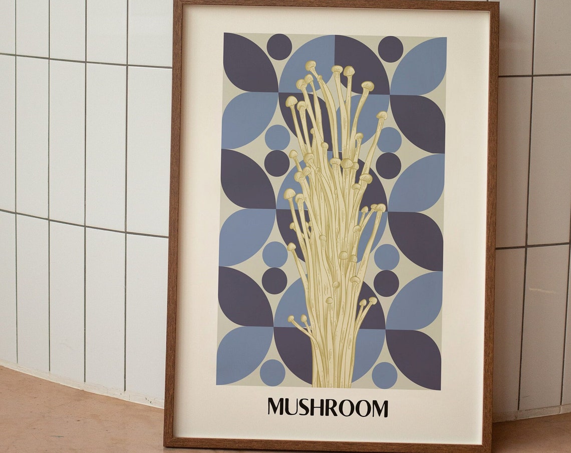 Vintage Mushroom Enoki Fungi Botanical Blue Geometric Wall Art